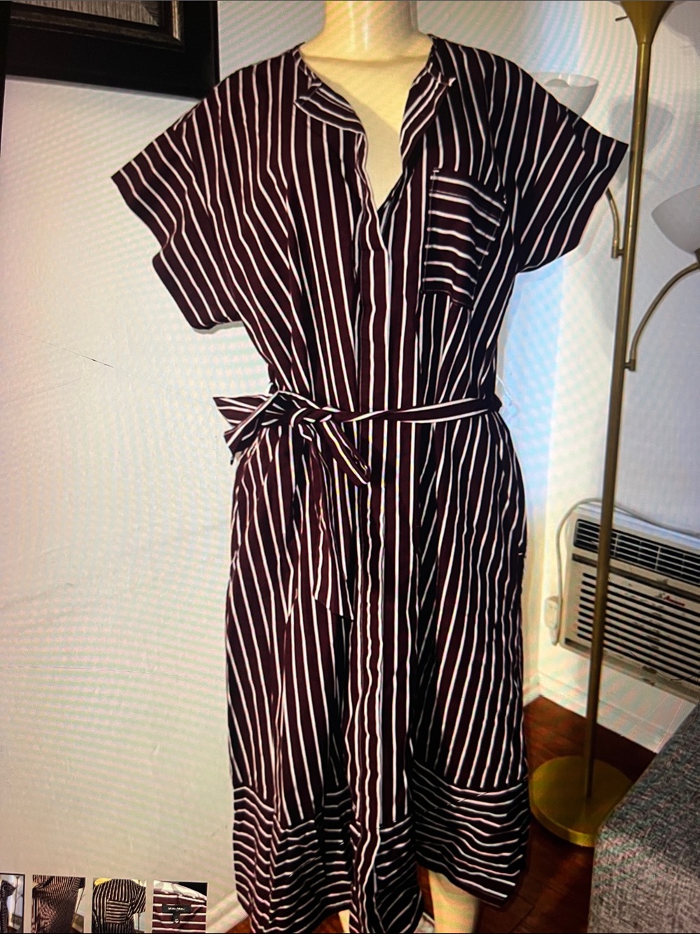 Banana Republic Burgundy and White Striped Midi Shirt Dress